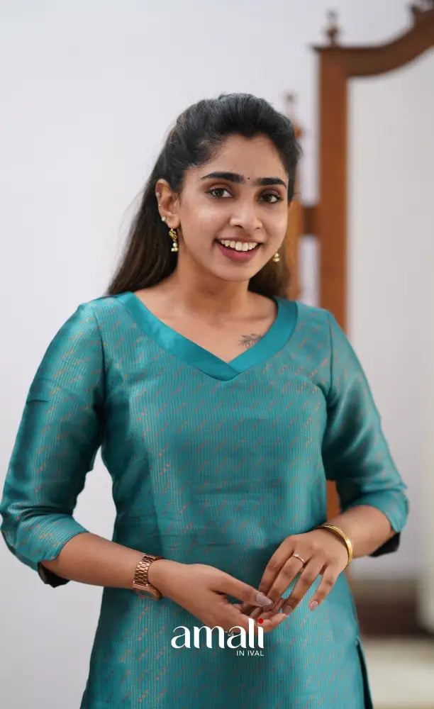 Sanvi - Teal and Pink Semi Kanchipuram Silk Salwar salwar