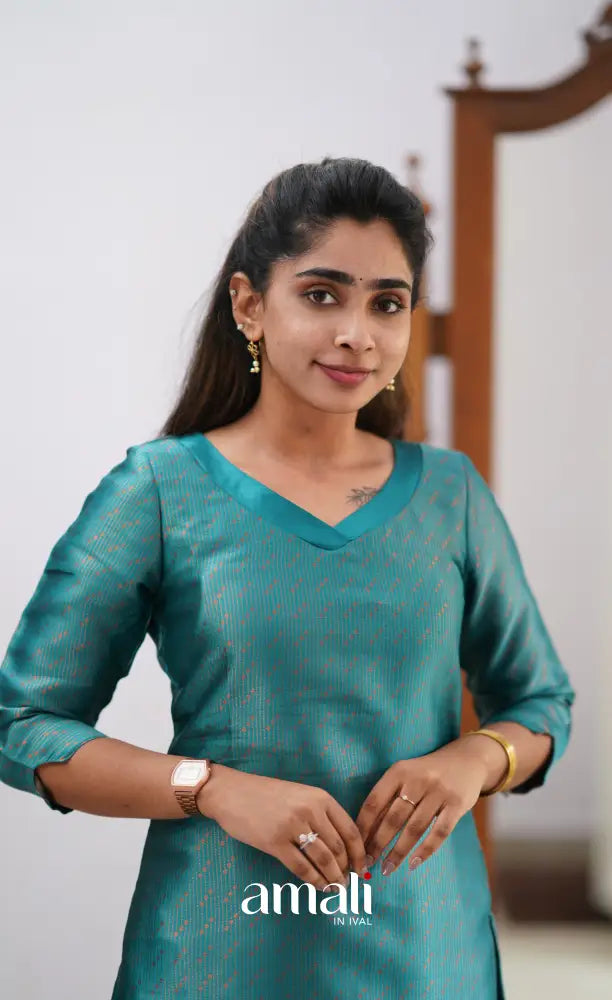 Sanvi - Teal and Pink Semi Kanchipuram Silk Salwar salwar