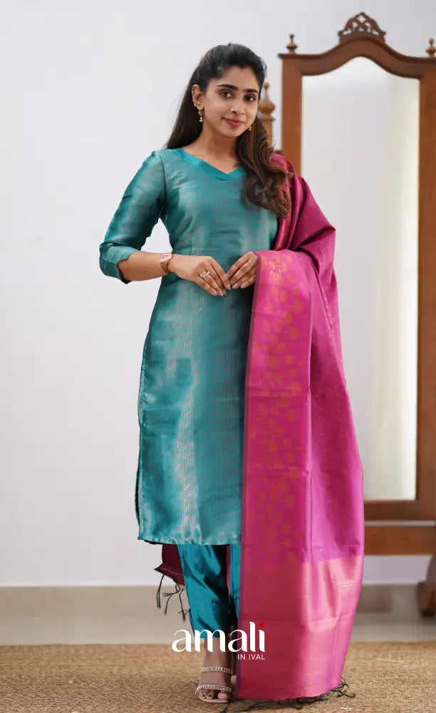 Sanvi - Teal and Pink Semi Kanchipuram Silk Salwar salwar