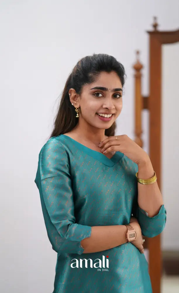 Sanvi - Teal and Pink Semi Kanchipuram Silk Salwar salwar