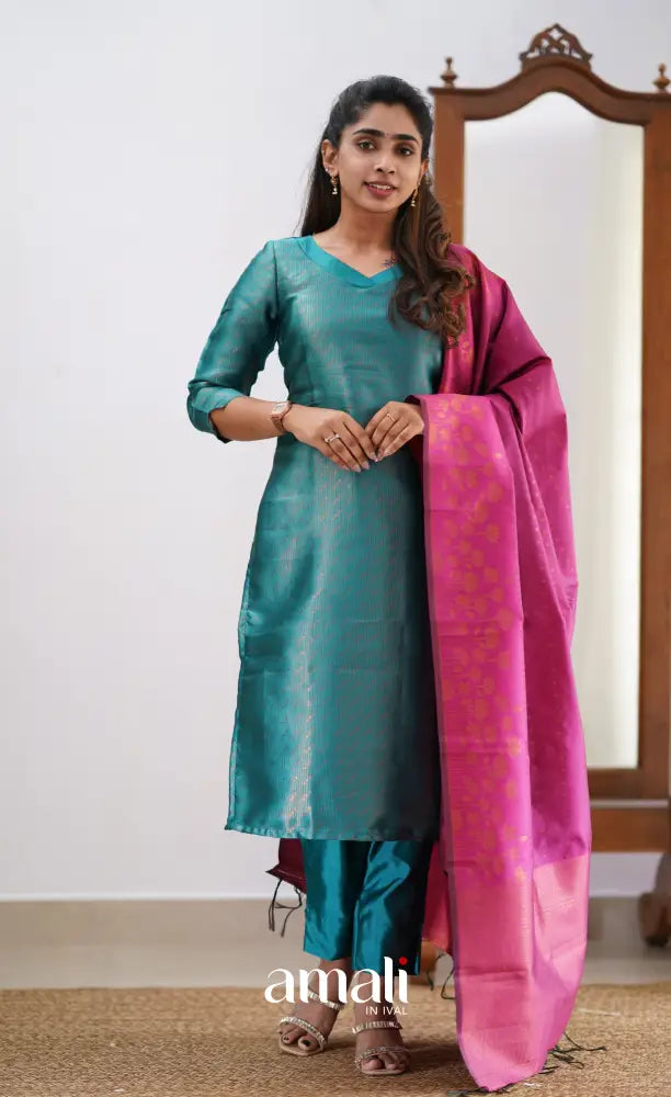 Sanvi - Teal and Pink Semi Kanchipuram Silk Salwar salwar