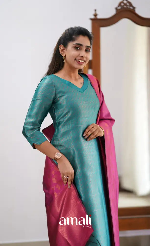 Sanvi - Teal and Pink Semi Kanchipuram Silk Salwar salwar