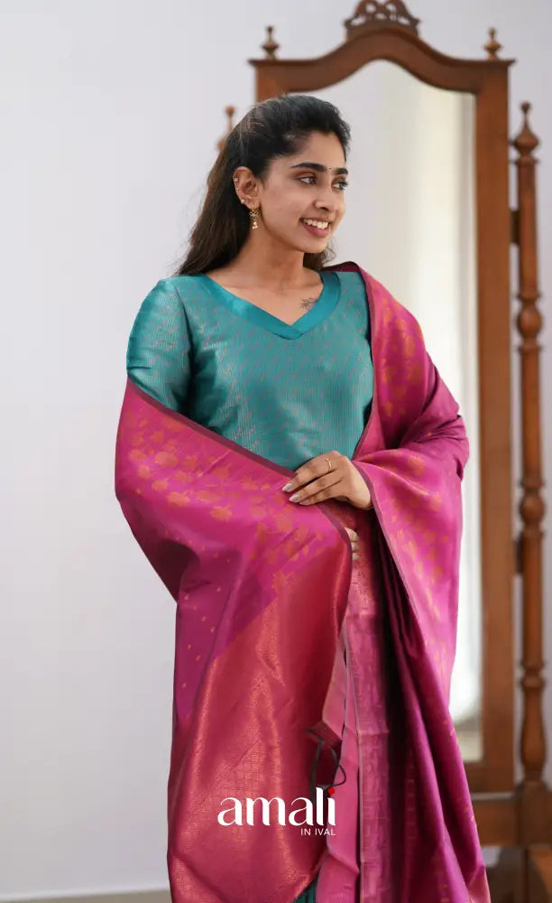 Sanvi - Teal and Pink Semi Kanchipuram Silk Salwar salwar