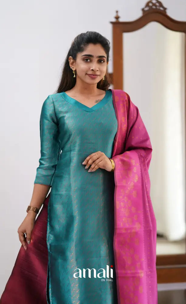 Sanvi - Teal and Pink Semi Kanchipuram Silk Salwar salwar