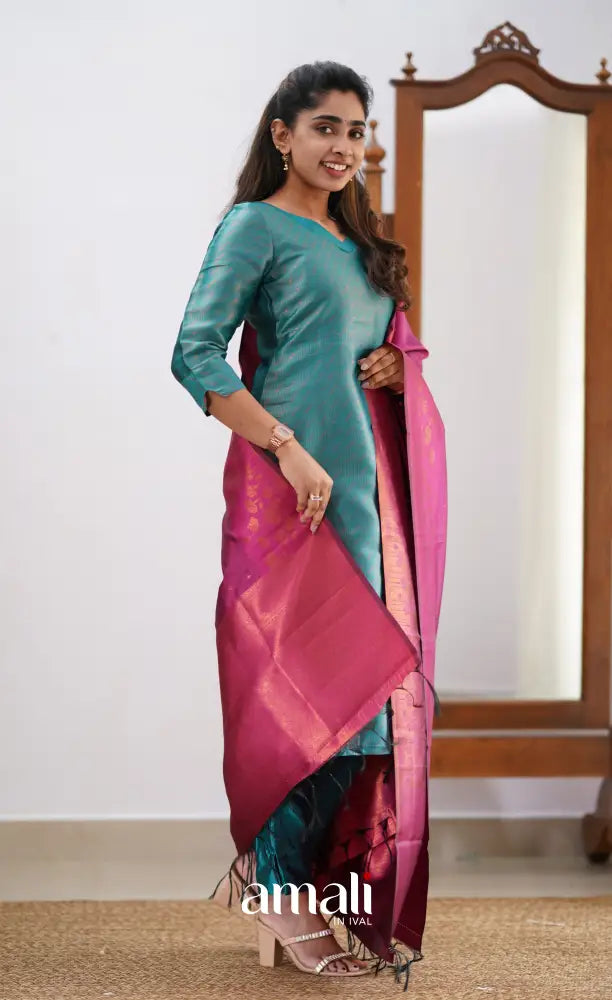 Sanvi - Teal and Pink Semi Kanchipuram Silk Salwar salwar