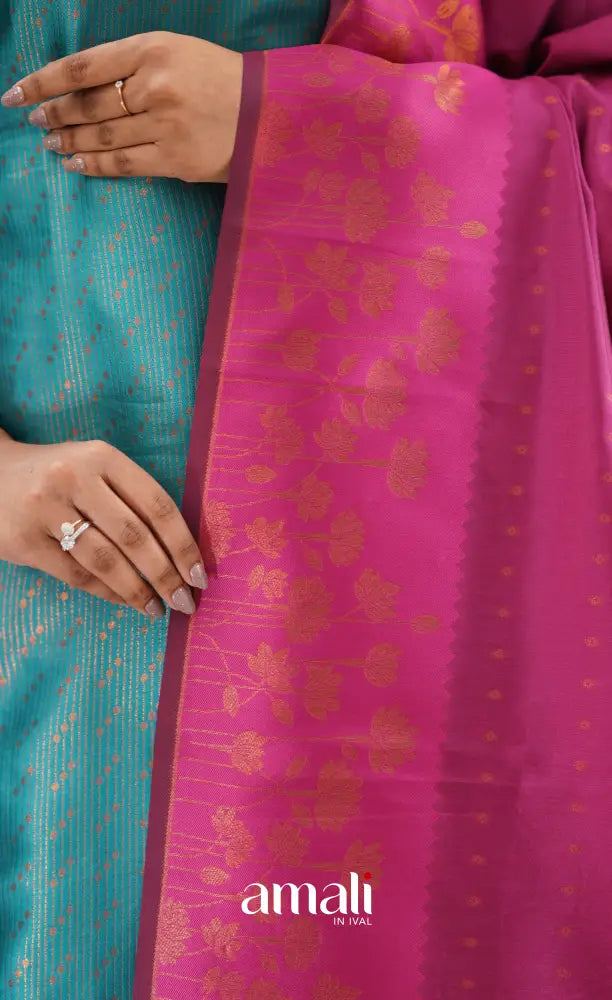 Sanvi - Teal and Pink Semi Kanchipuram Silk Salwar salwar