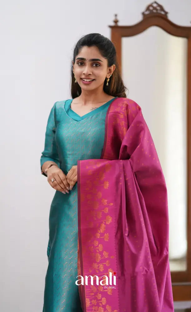 Sanvi - Teal and Pink Semi Kanchipuram Silk Salwar salwar