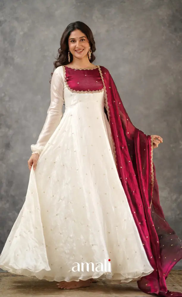 Scape Silk Anarkali - White and Maroon Anarkalis