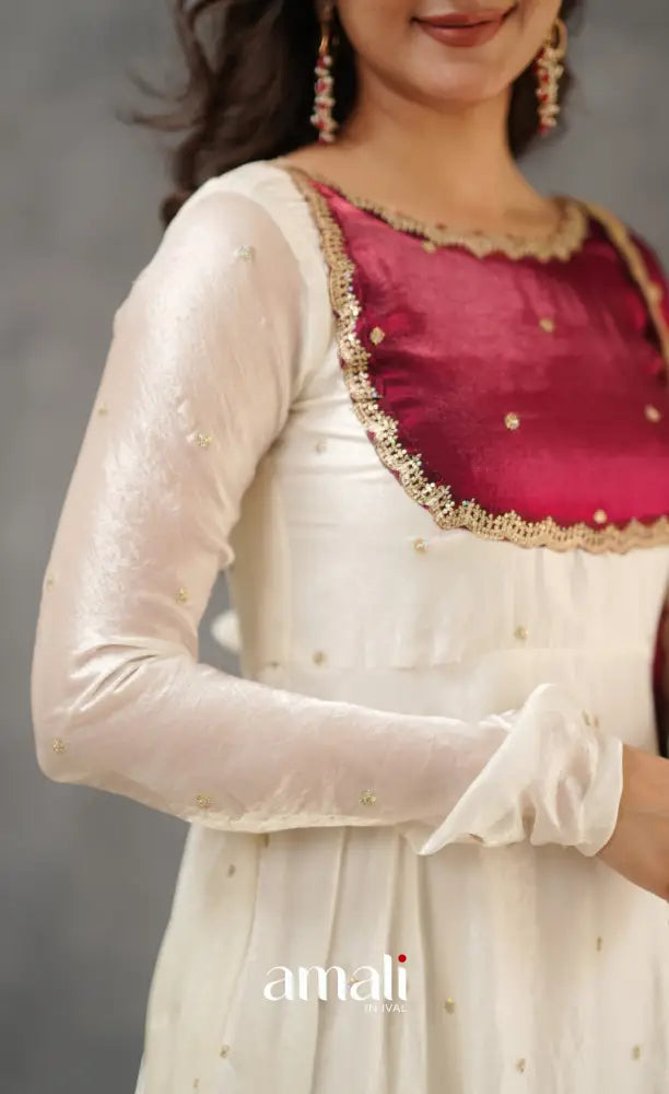 Scape Silk Anarkali - White and Maroon Anarkalis