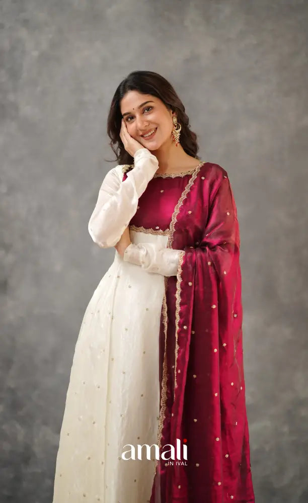 Scape Silk Anarkali - White and Maroon Anarkalis