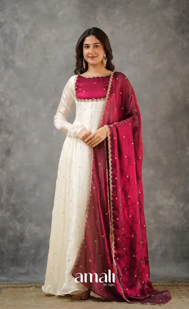 Scape Silk Anarkali - White and Maroon Anarkalis