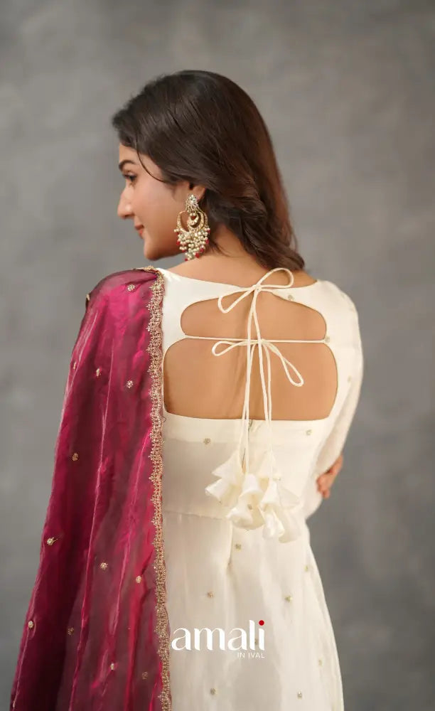 Scape Silk Anarkali - White and Maroon Anarkalis