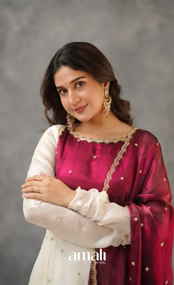Scape Silk Anarkali - White and Maroon Anarkalis