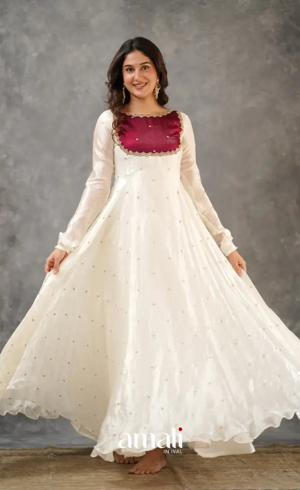 Scape Silk Anarkali - White and Maroon Anarkalis