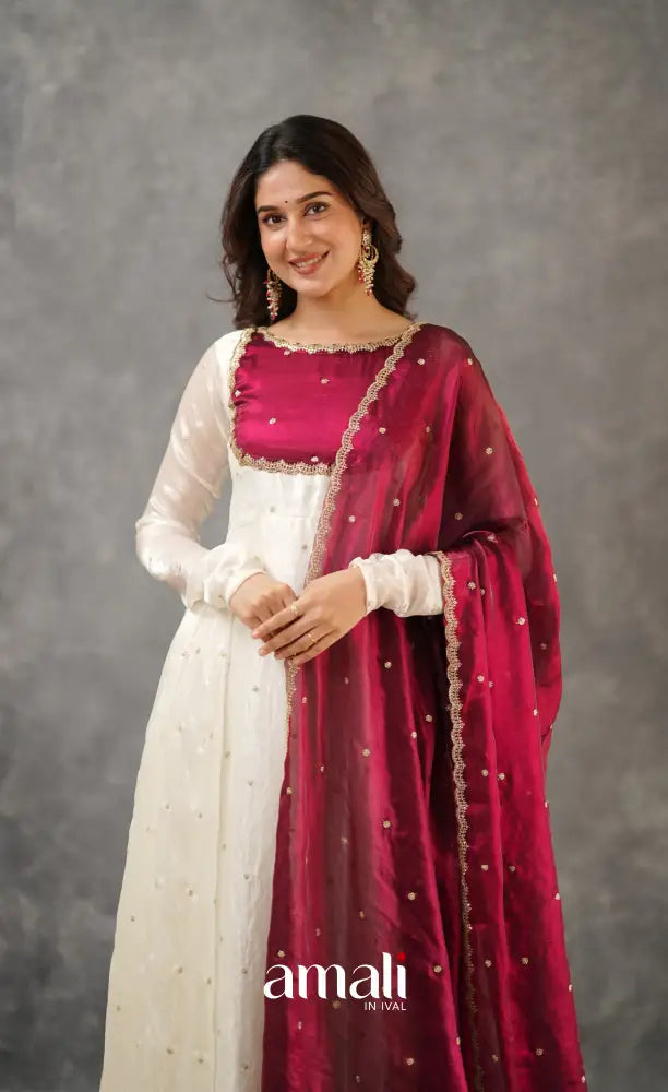 Scape Silk Anarkali - White and Maroon Anarkalis