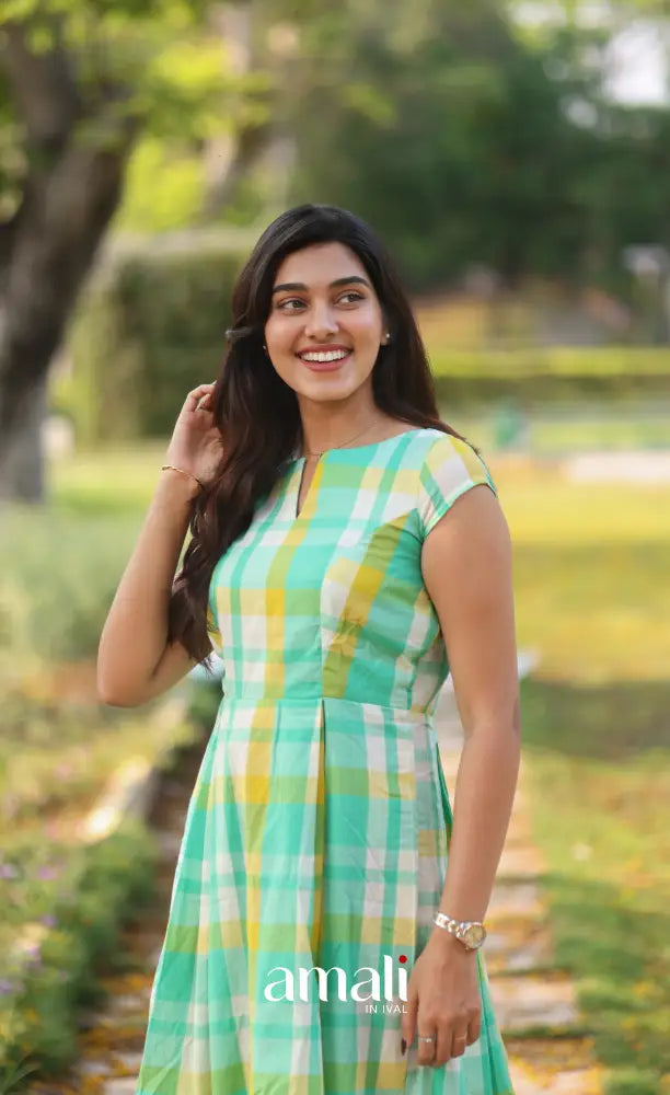 Sea Green Checks Indo Western Dress - salwar