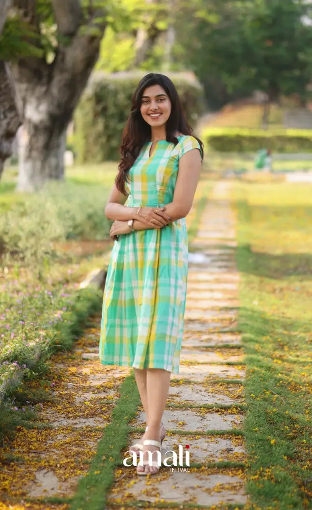 Sea Green Checks Indo Western Dress - salwar
