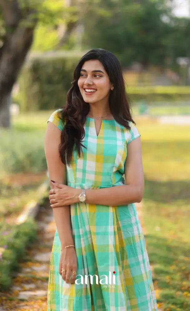 Sea Green Checks Indo Western Dress - salwar