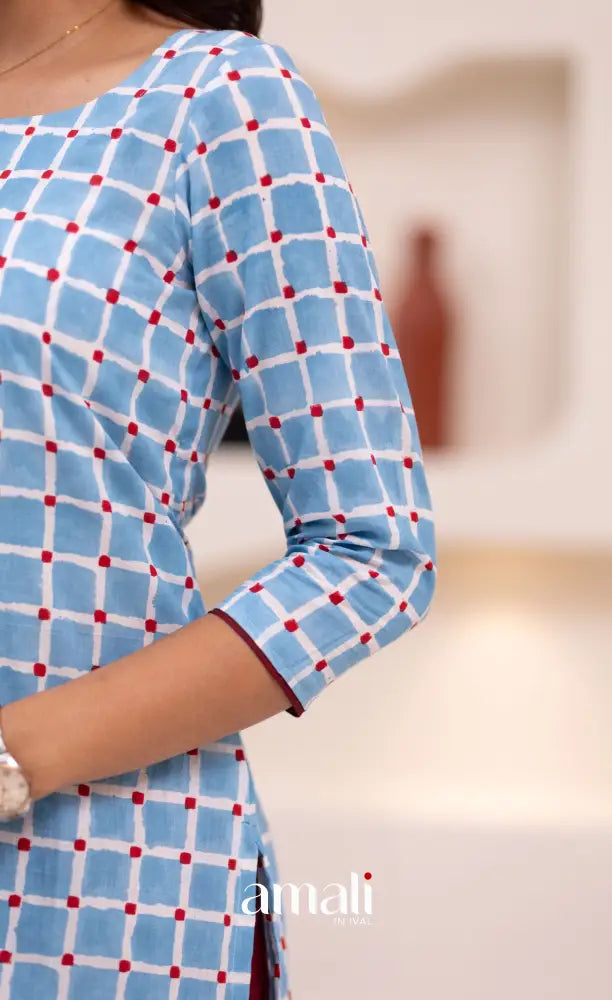 Sky Blue and Reddish Maroon Jaipur Print Cotton Top and Pant - salwar