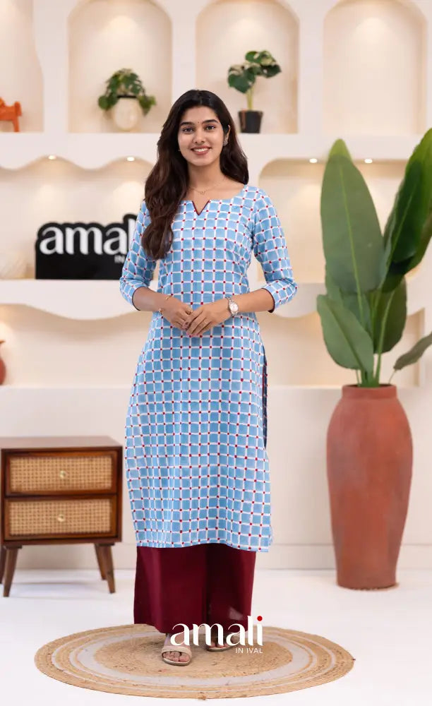 Sky Blue and Reddish Maroon Jaipur Print Cotton Top and Pant - salwar