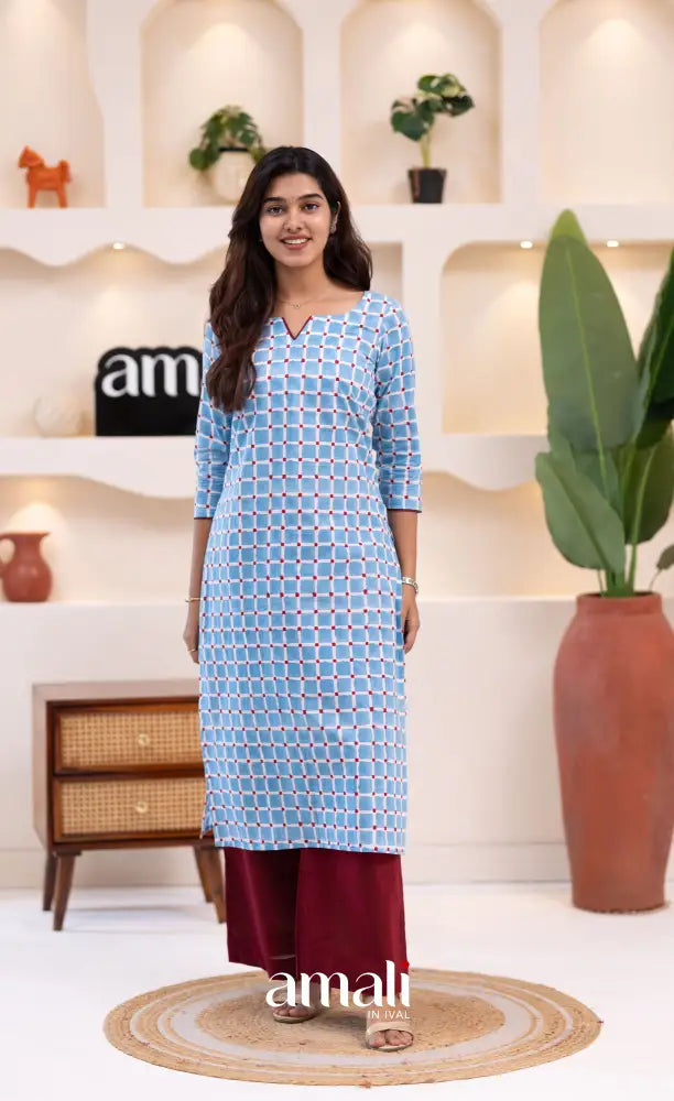 Sky Blue and Reddish Maroon Jaipur Print Cotton Top and Pant - salwar