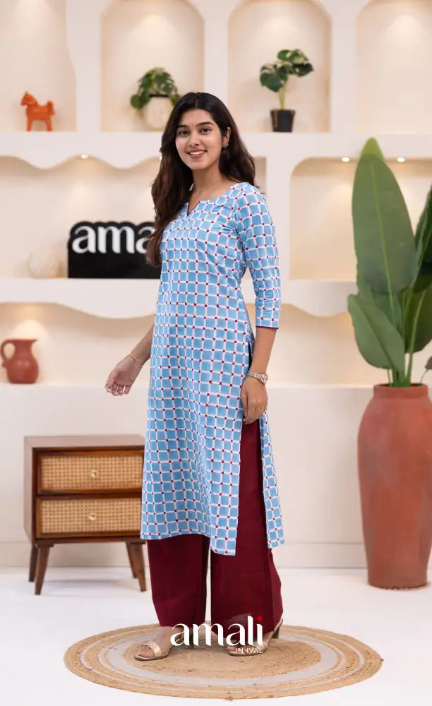 Sky Blue and Reddish Maroon Jaipur Print Cotton Top and Pant - salwar