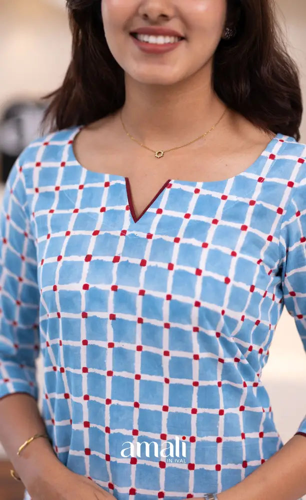 Sky Blue and Reddish Maroon Jaipur Print Cotton Top and Pant - salwar