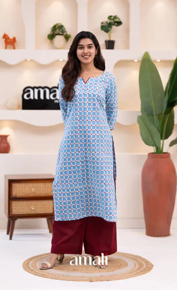 Sky Blue and Reddish Maroon Jaipur Print Cotton Top and Pant - salwar