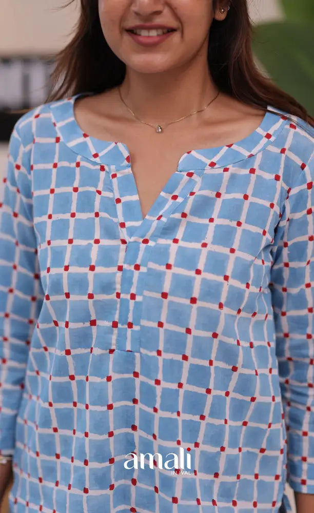 Sky blue Jaipur Hand Block-Printed Short Top - salwar