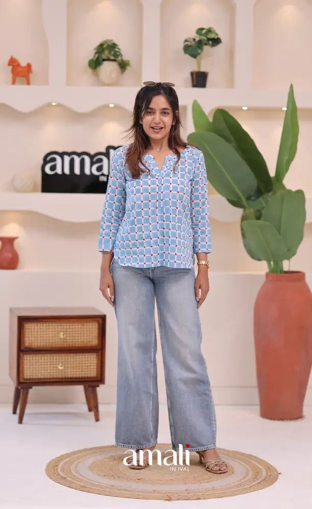 Sky blue Jaipur Hand Block-Printed Short Top - salwar