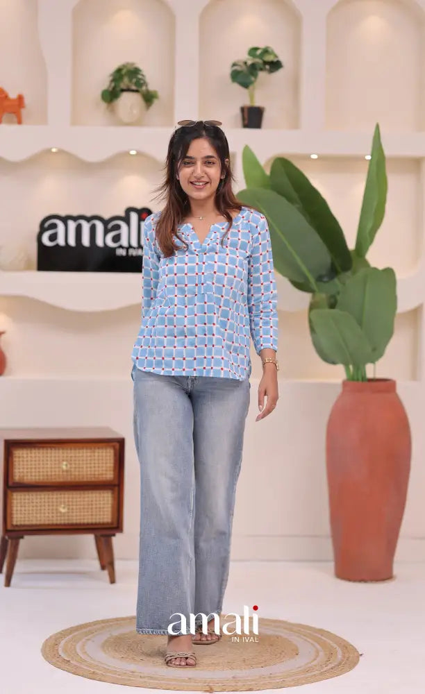 Sky blue Jaipur Hand Block-Printed Short Top - salwar
