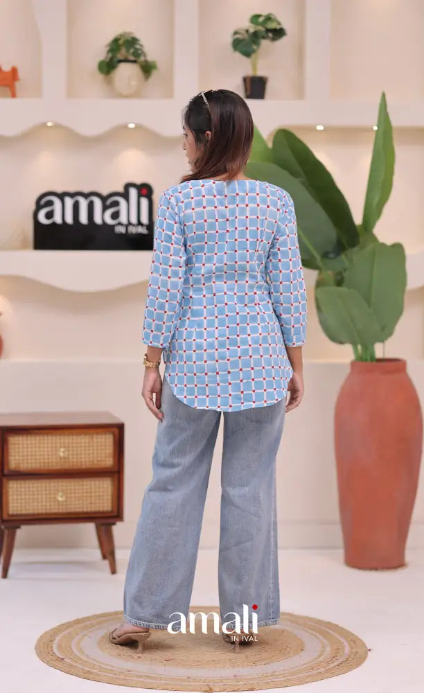 Sky blue Jaipur Hand Block-Printed Short Top - salwar