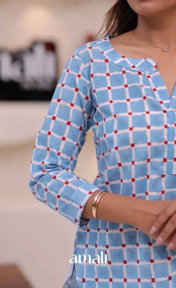Sky blue Jaipur Hand Block-Printed Short Top - salwar