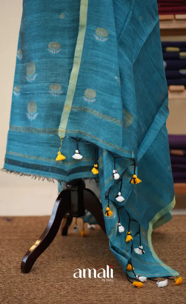 Sky BlueHandloom Linen Unstitched Salwar Set - salwar