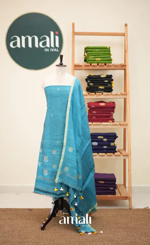 Sky BlueHandloom Linen Unstitched Salwar Set - salwar