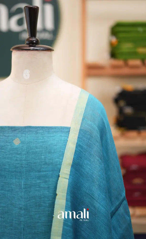 Sky BlueHandloom Linen Unstitched Salwar Set - salwar