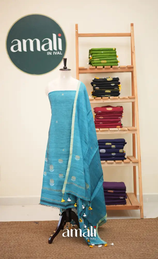 Sky BlueHandloom Linen Unstitched Salwar Set - salwar