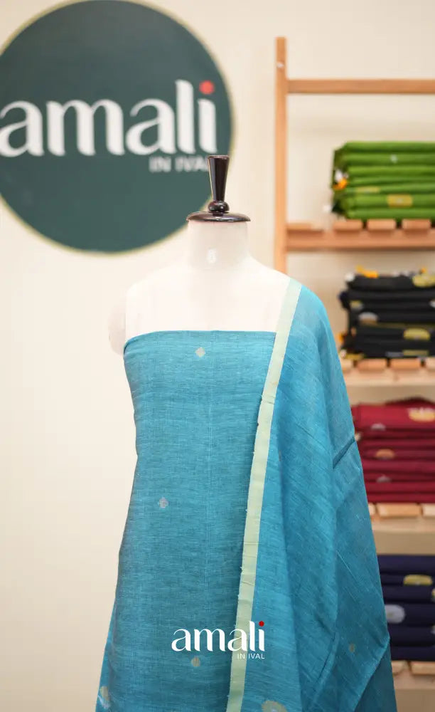 Sky BlueHandloom Linen Unstitched Salwar Set - salwar