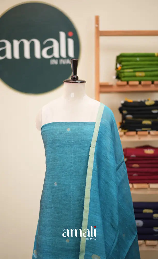 Sky BlueHandloom Linen Unstitched Salwar Set - salwar