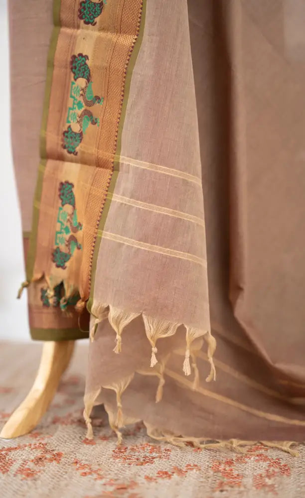 Swara Salwar - Beige and Olive Green Chettinad Cotton Unstitched Salwar salwar