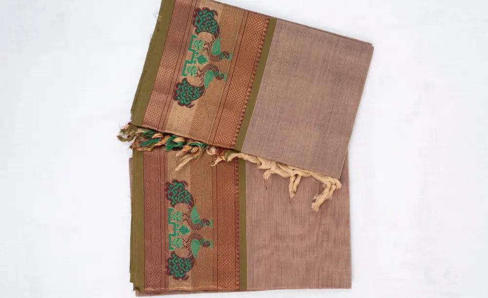 Swara Salwar - Beige and Olive Green Chettinad Cotton Unstitched Salwar salwar