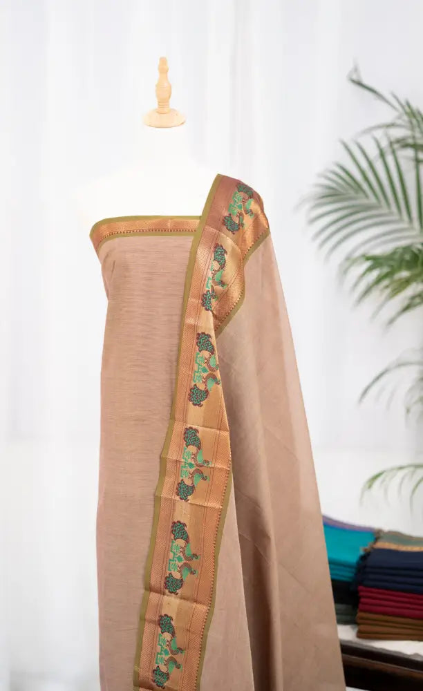 Swara Salwar - Beige and Olive Green Chettinad Cotton Unstitched Salwar salwar