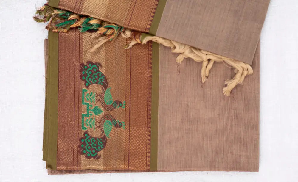 Swara Salwar - Beige and Olive Green Chettinad Cotton Unstitched Salwar salwar