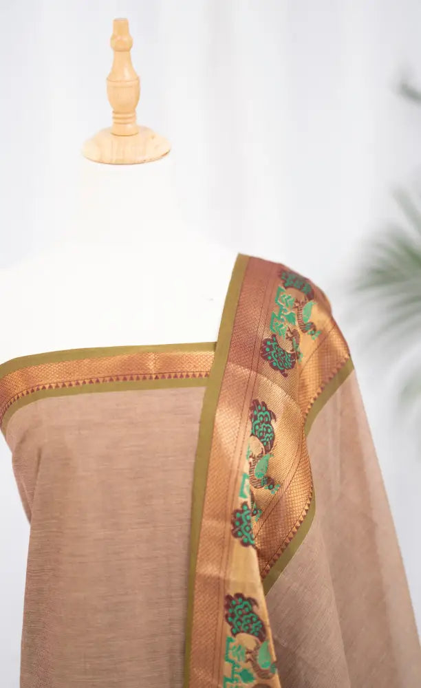 Swara Salwar - Beige and Olive Green Chettinad Cotton Unstitched Salwar salwar