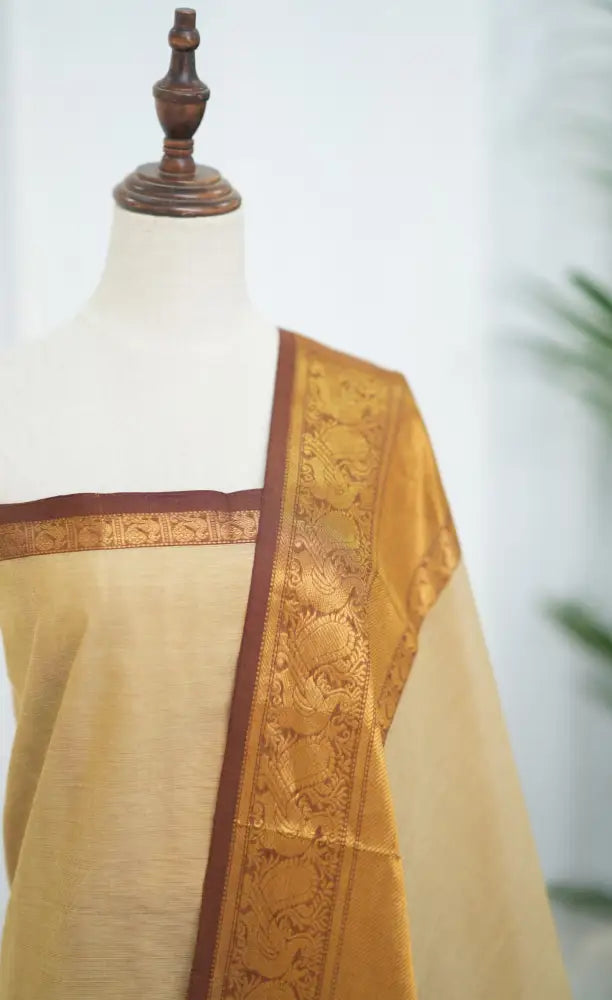 Swara Salwar - Cream and Brown Chettinad Cotton Unstitched Salwar salwar