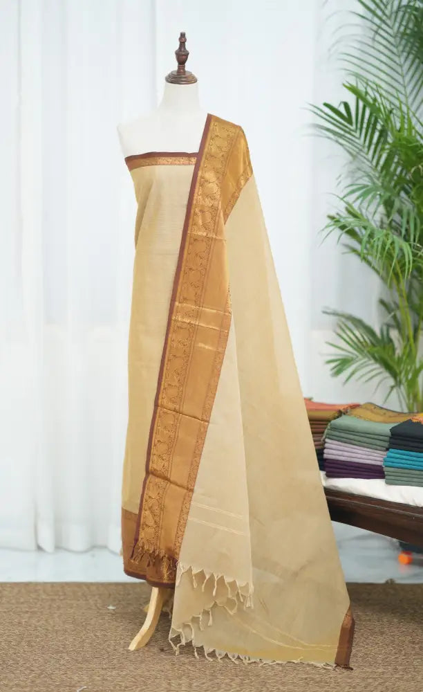 Swara Salwar - Cream and Brown Chettinad Cotton Unstitched Salwar salwar