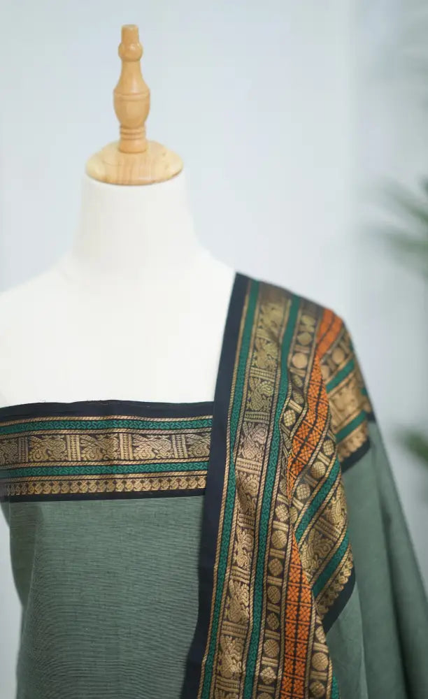 Swara Salwar - Dusty Green and Black Chettinad Cotton Unstitched Salwar salwar