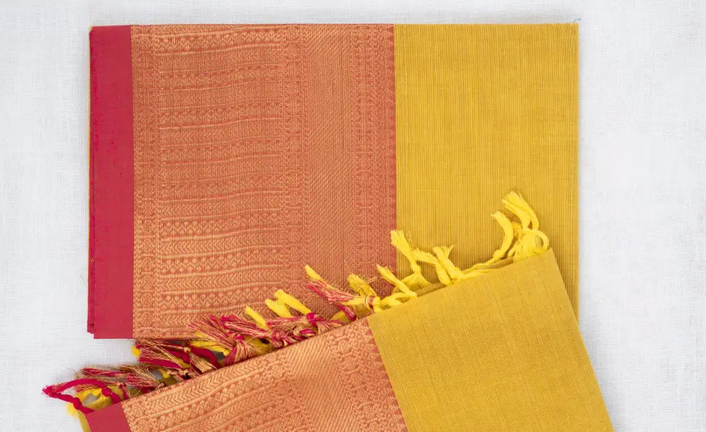 Swara Salwar - Yellow and Pink Chettinad Cotton Unstitched Salwar salwar