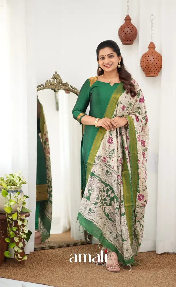 Tara Mangalagiri Silk Cotton Salwar - Bottle green and Off-white - salwar