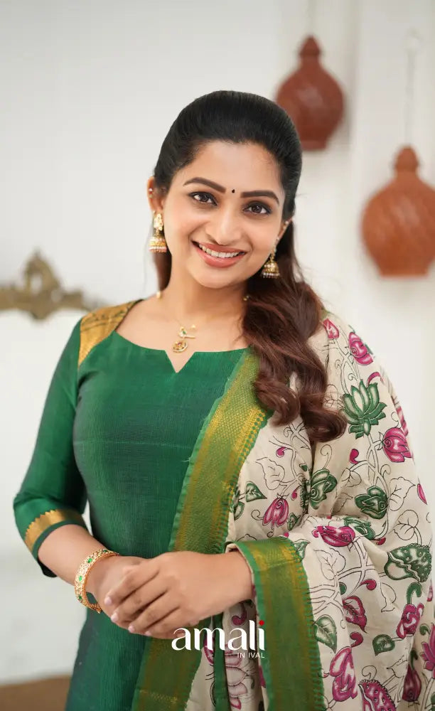 Tara Mangalagiri Silk Cotton Salwar - Bottle green and Off-white - salwar